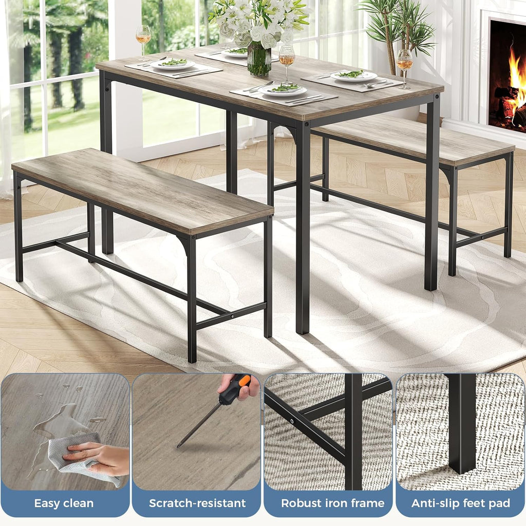 VANECL 4 Person Dining Table Set with Benches, Solid Hardwood Compact Kitchen Dining Set for Small Space Home Dining Room