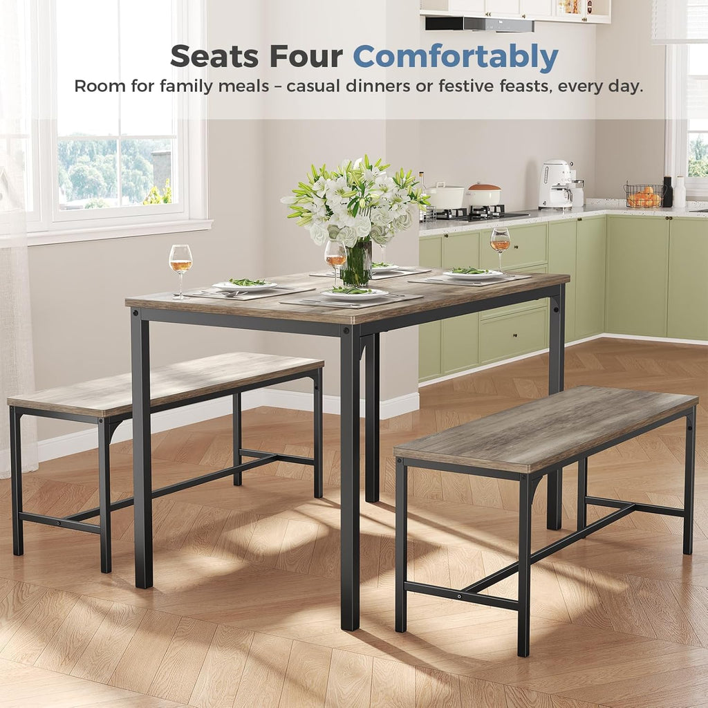 VANECL 4 Person Dining Table Set with Benches, Solid Hardwood Compact Kitchen Dining Set for Small Space Home Dining Room