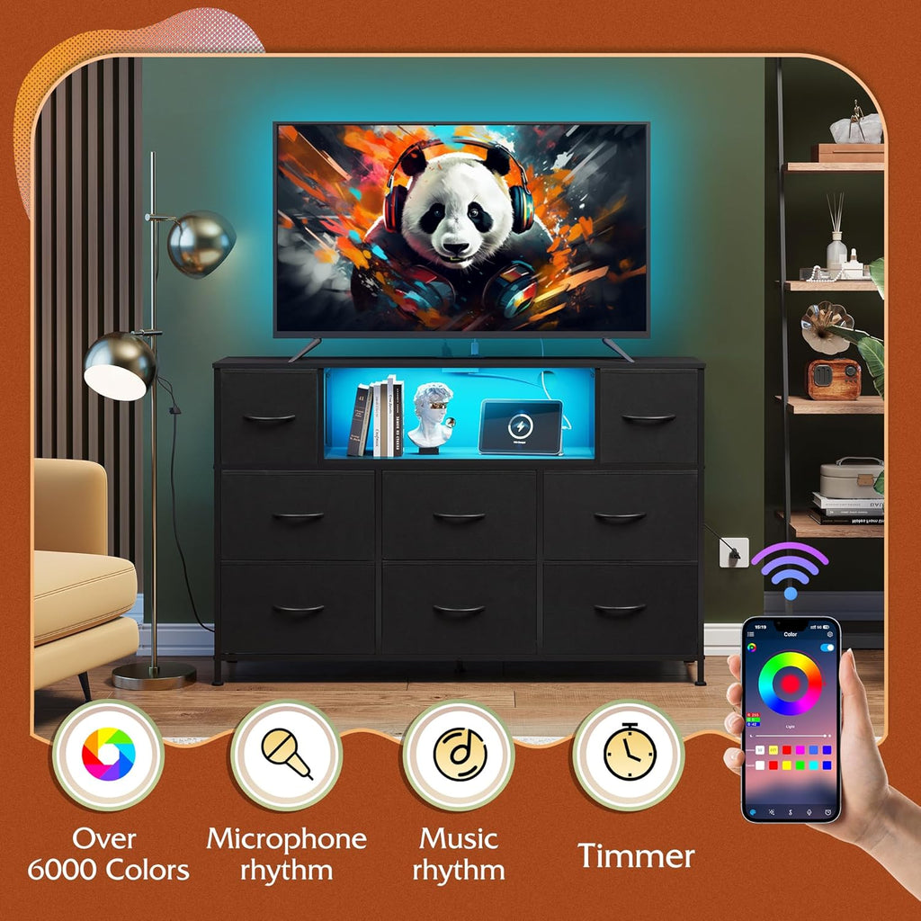 VANECL TV Stand with Built-in Charging Station & LED Ambient Lighting, Entertainment Cabinet with 9 Fabric Drawers for Up to 55 Inch TV