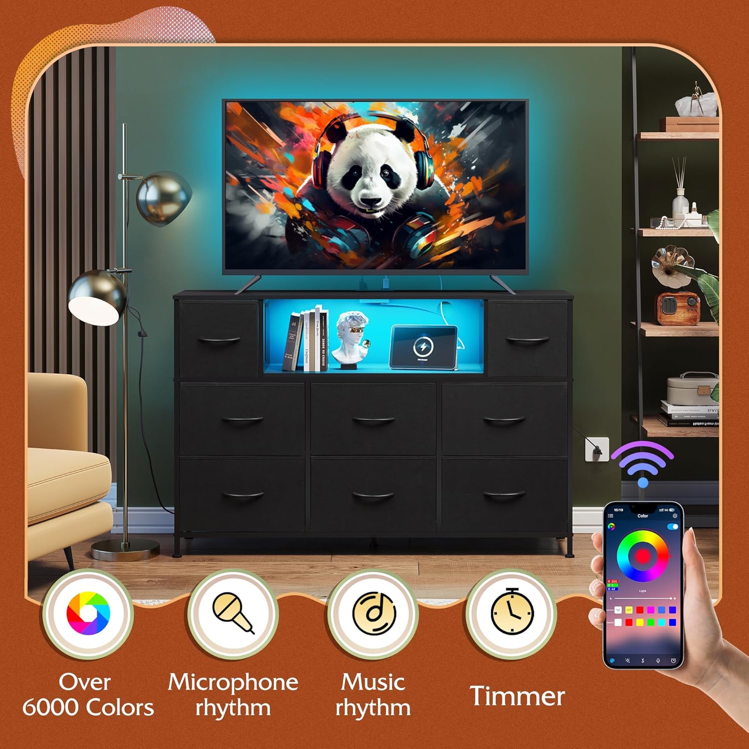 VANECL TV Stand with Built-in Charging Station & LED Ambient Lighting, Entertainment Cabinet with 9 Fabric Drawers for Up to 55 Inch TV