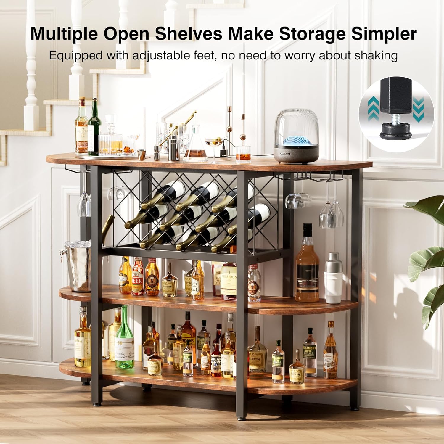 VANECL Sliding Door Metal Wine Bar Cabinet with RGB LED Light & Built-In Charging Station, Home Beverage Storage Cabinet