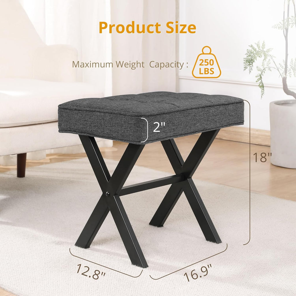 VANECL Square Linen Ottoman Stool with X-Shaped Metal Legs, 18 Inch Height Padded Foot Stool for Narrow Spaces
