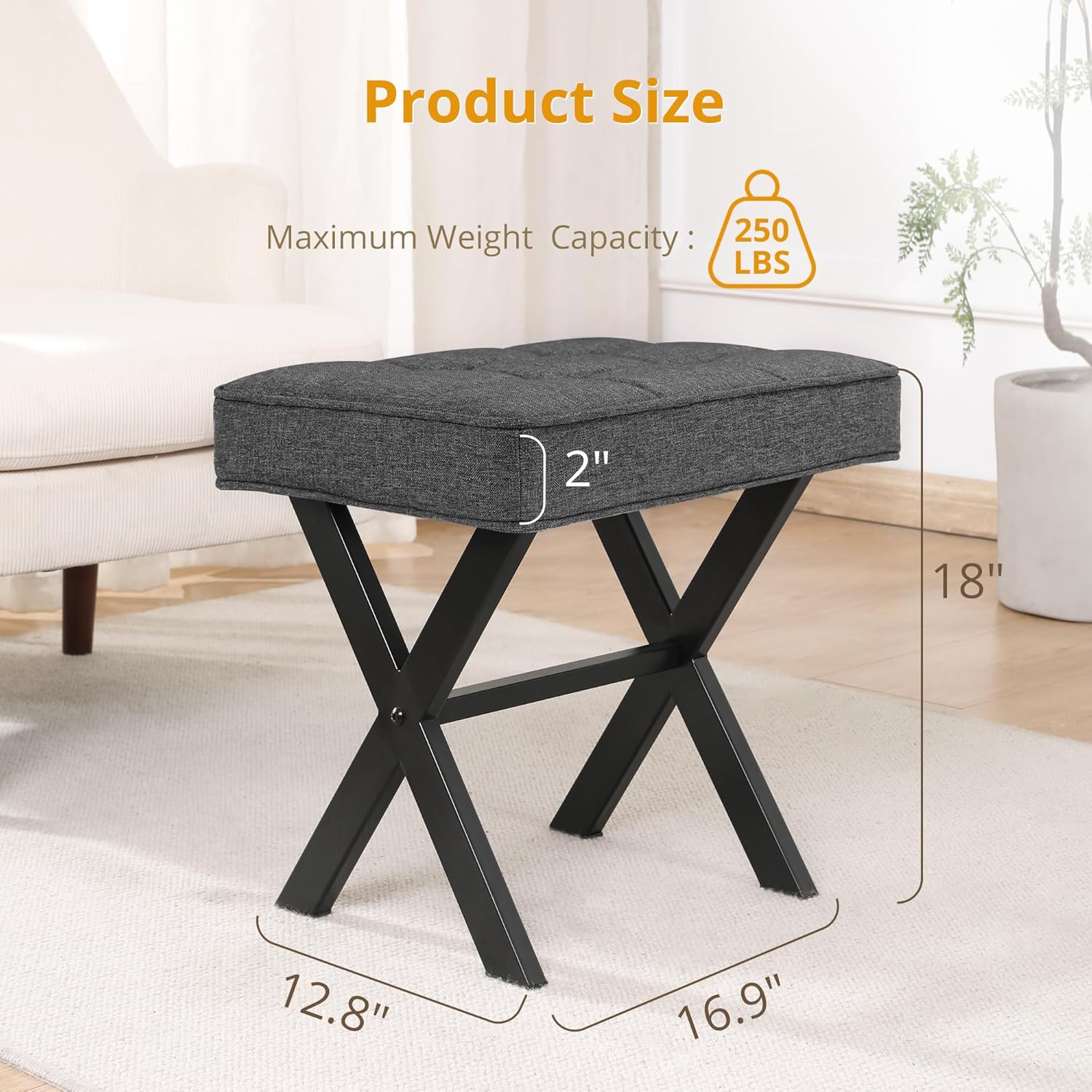 VANECL Square Linen Ottoman Stool with X-Shaped Metal Legs, 18 Inch Height Padded Foot Stool for Narrow Spaces