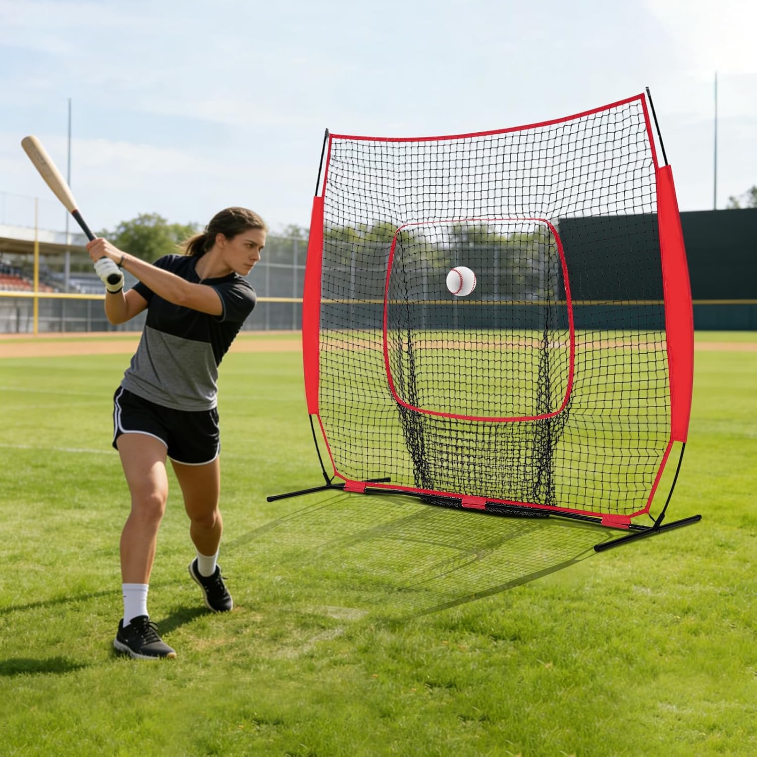 VANECL 7FT×7FT B0w Frame Baseball Softball Practice Net with Strike Zone Target & Carry Bag for Hitting and Pitching Training