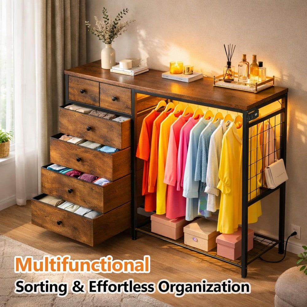 VANECL Fabric Storage Locker with Wooden Top, LED Light & Built-in Charging Station, 6-Drawer Clothing Organizer with Hanging Rod & Side Mesh Pockets