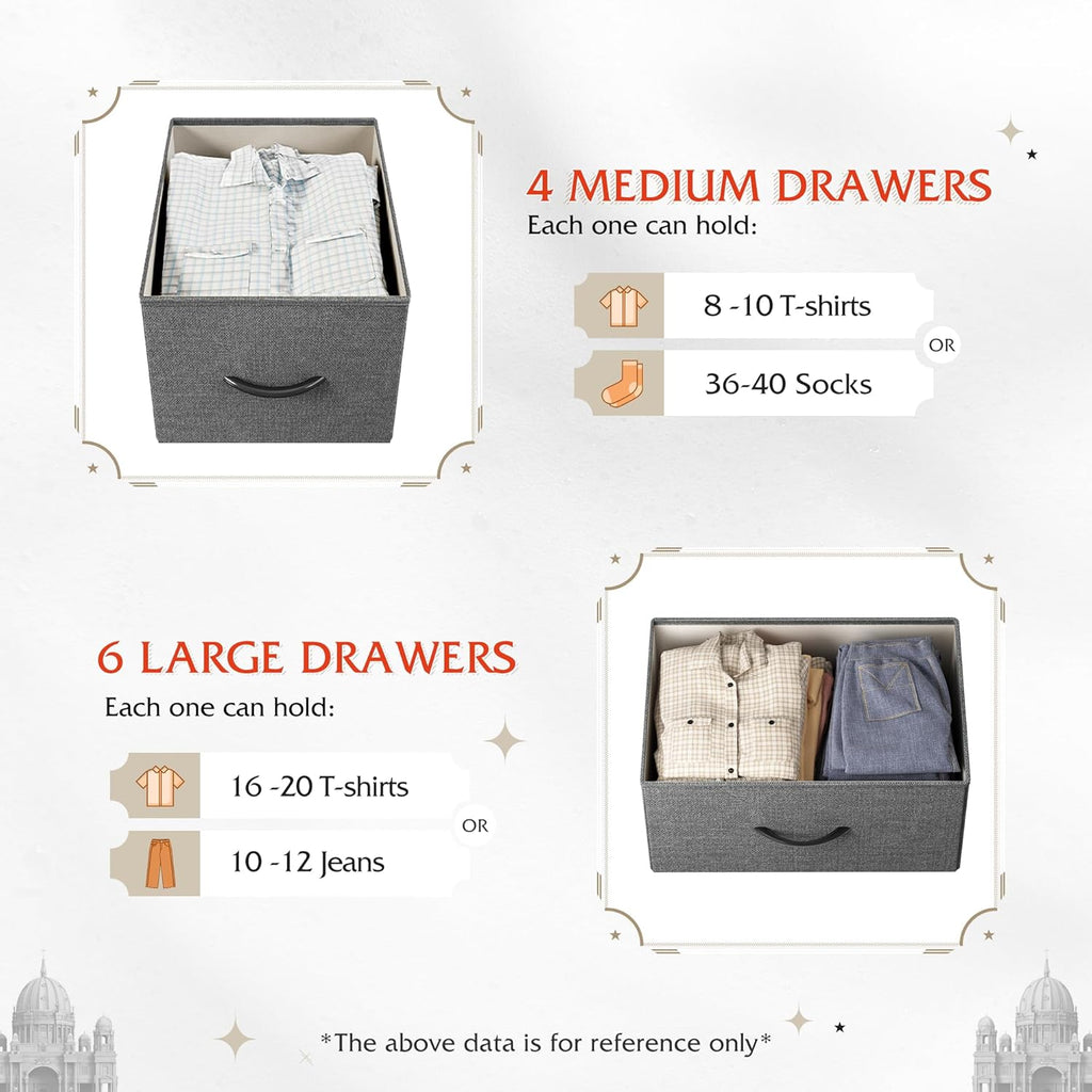 VANECL 10 Drawer Fabric Dresser Storage Organizer, Metal Frame Chest of Drawers with Wooden Top for Bedroom Entryway Living Room