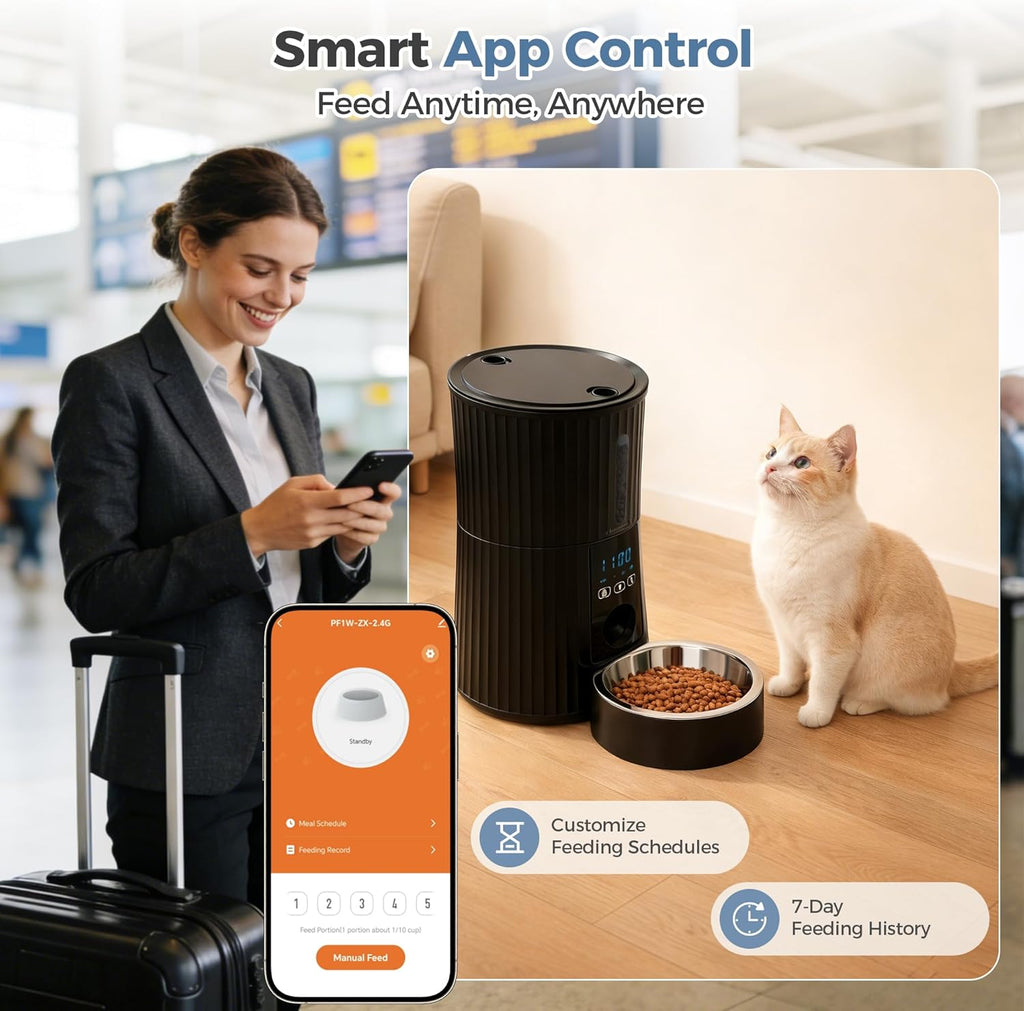 VANECL 4L WiFi Smart Automatic Pet Feeder, APP Remote Control Timed Dry Food Dispenser with Voice Recorder, Dual Power Anti-Jam Feeding Bowl for Cats & Small Medium Dogs