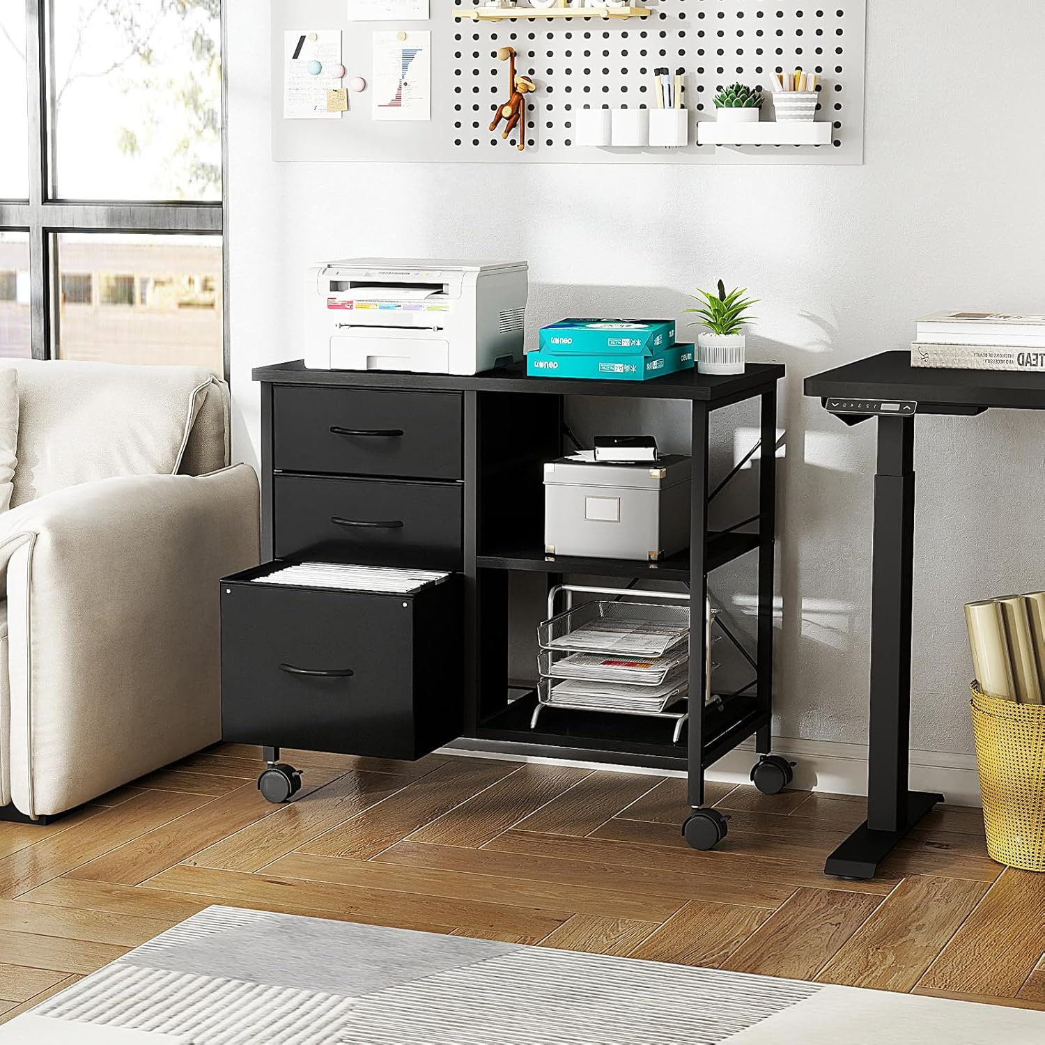 VANECL 3-Tier Rolling Printer Stand with Storage Drawers, Mobile Office File Cabinet with Reinforced Back Support Bar