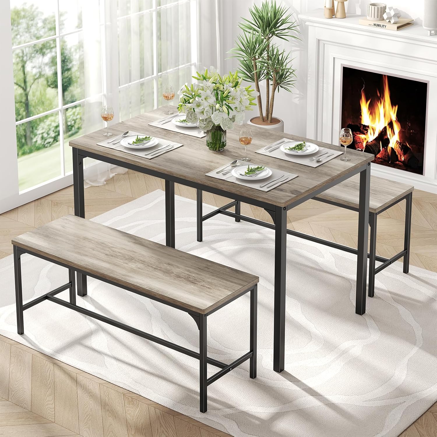 VANECL 4 Person Dining Table Set with Benches, Solid Hardwood Compact Kitchen Dining Set for Small Space Home Dining Room