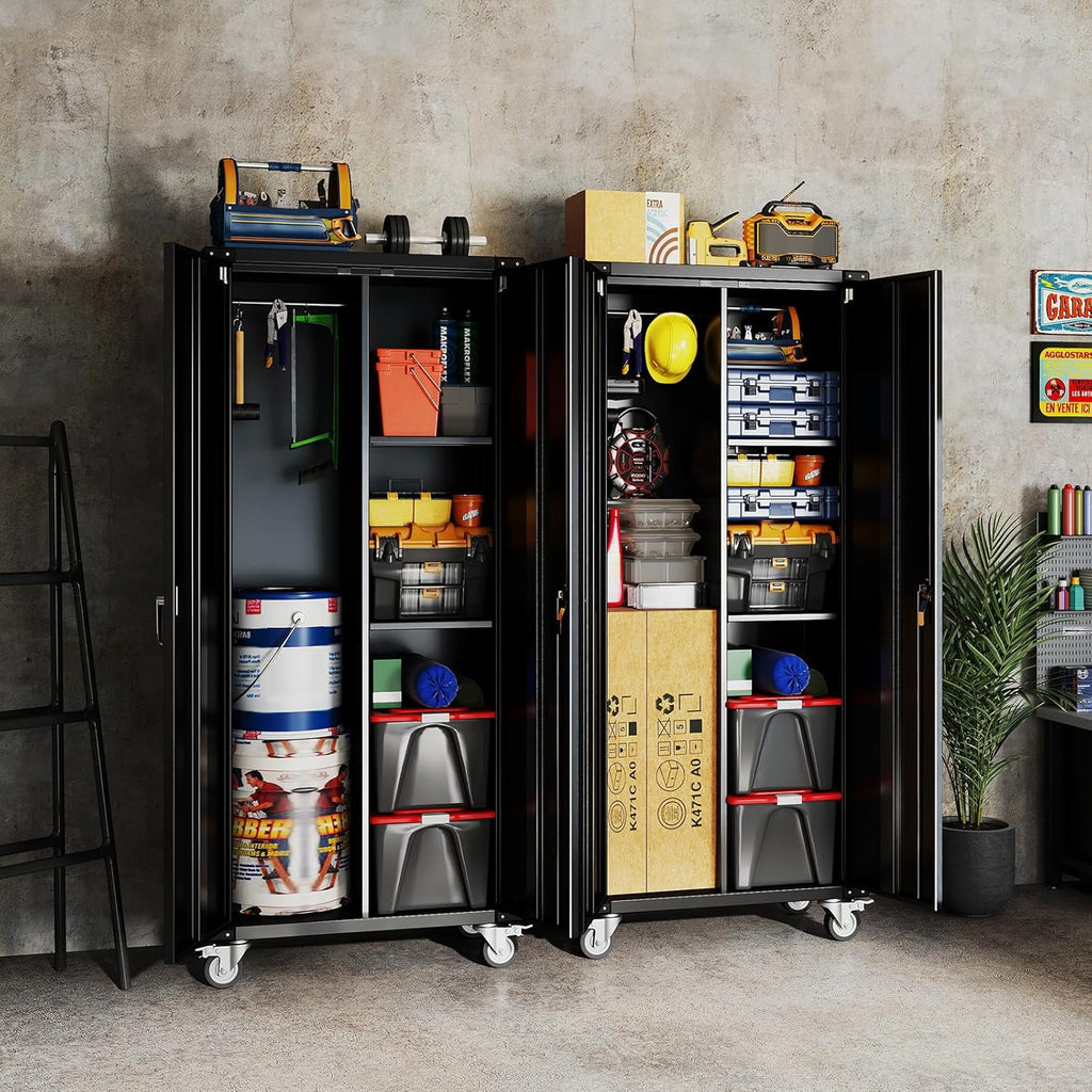 VANECL 72"H Black Rolling Metal Storage Cabinet with Lockable Door, Adjustable Shelves & Removable Casters for Garage Office Warehouse
