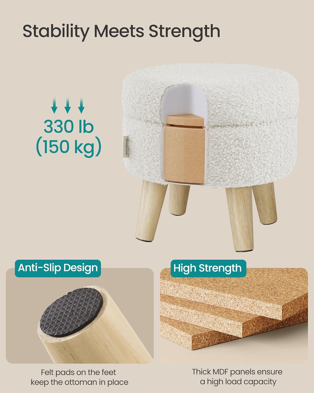VANECL Round Teddy Fabric Storage Ottoman with Solid Wood Legs, Padded Hidden Storage Foot Stool for Bedroom Small Space