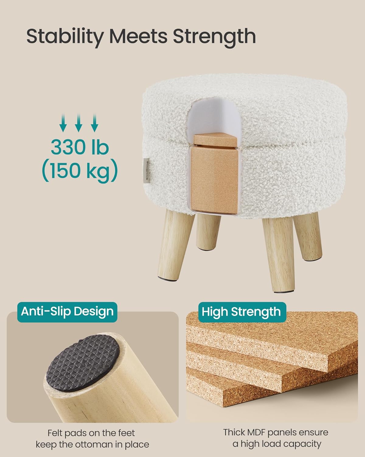 VANECL Round Teddy Fabric Storage Ottoman with Solid Wood Legs, Padded Hidden Storage Foot Stool for Bedroom Small Space