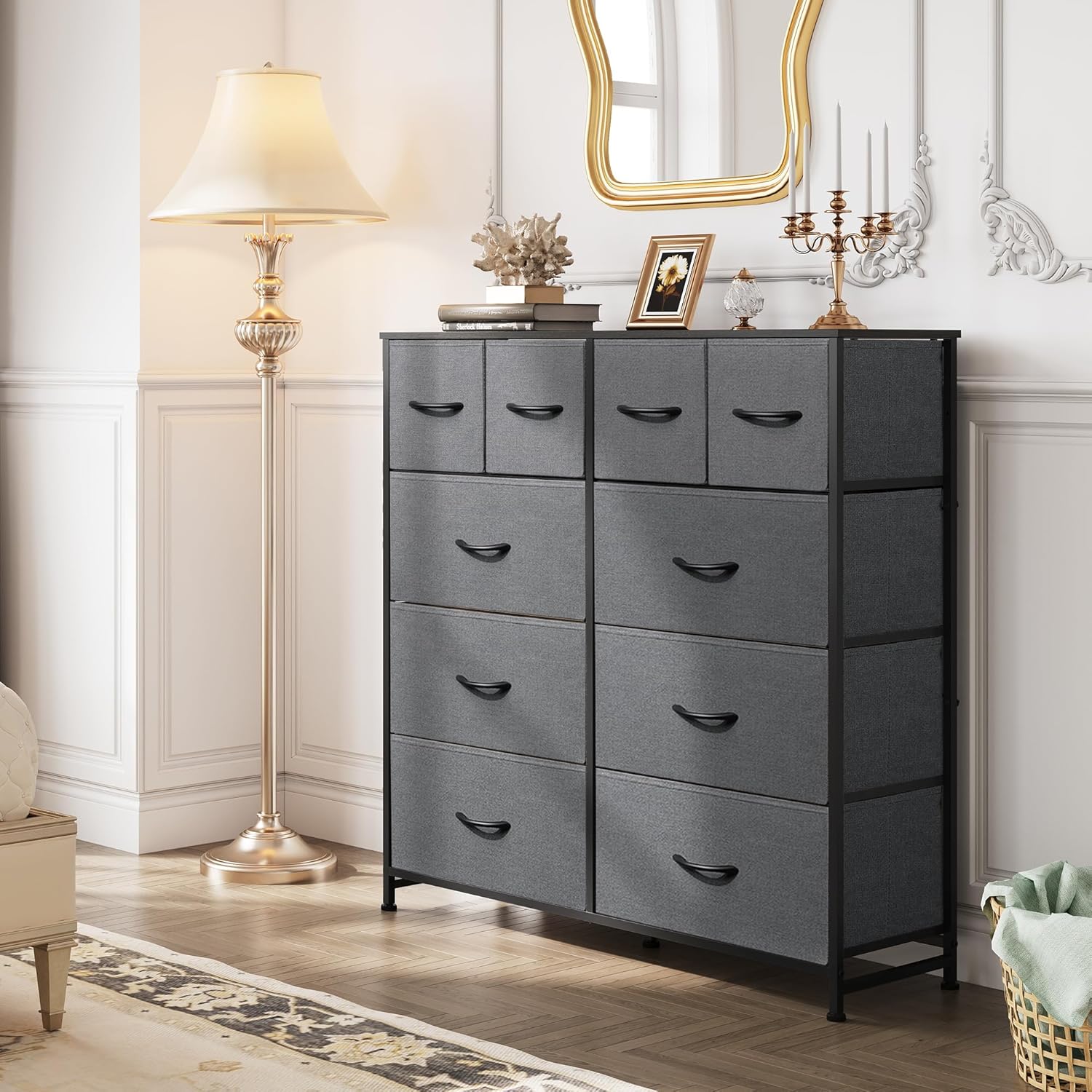 VANECL 10 Drawer Fabric Dresser Storage Organizer, Metal Frame Chest of Drawers with Wooden Top for Bedroom Entryway Living Room