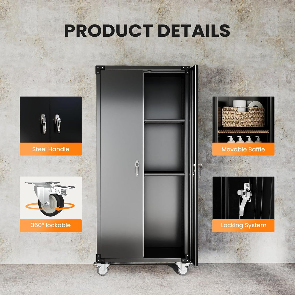 VANECL 72"H Black Rolling Metal Storage Cabinet with Lockable Door, Adjustable Shelves & Removable Casters for Garage Office Warehouse