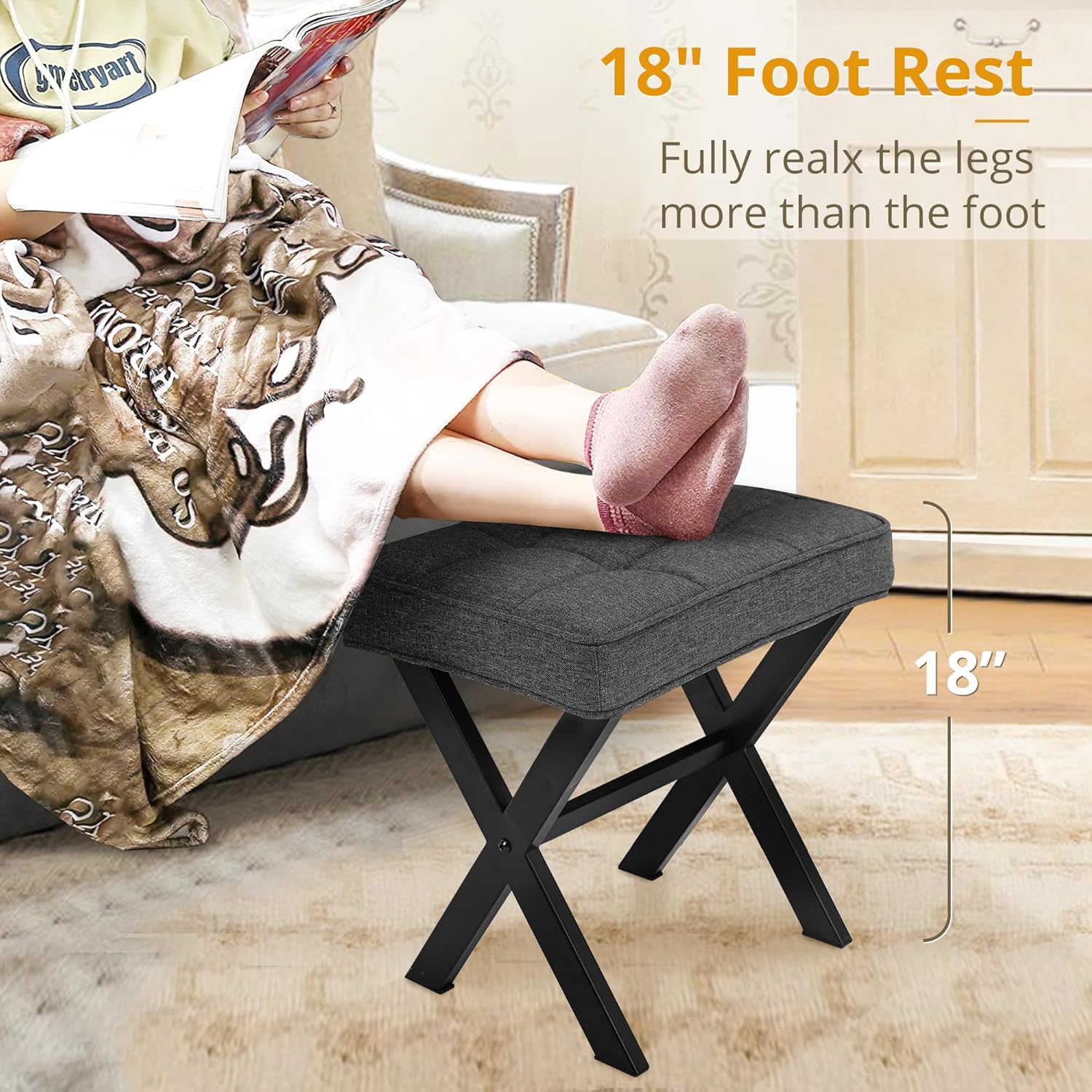 VANECL Square Linen Ottoman Stool with X-Shaped Metal Legs, 18 Inch Height Padded Foot Stool for Narrow Spaces
