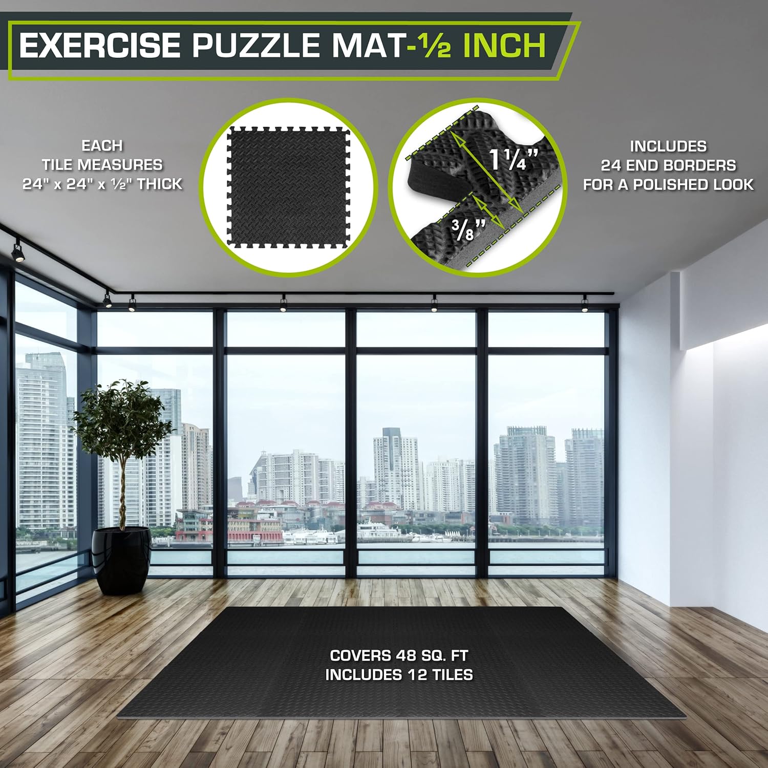 VANECL 12 Pack Interlocking Rubber Foam Floor Tiles, 1/2 Inch Thick Non Slip Puzzle Gym Mats 24×24in for Home Gym Garage Floor Protection