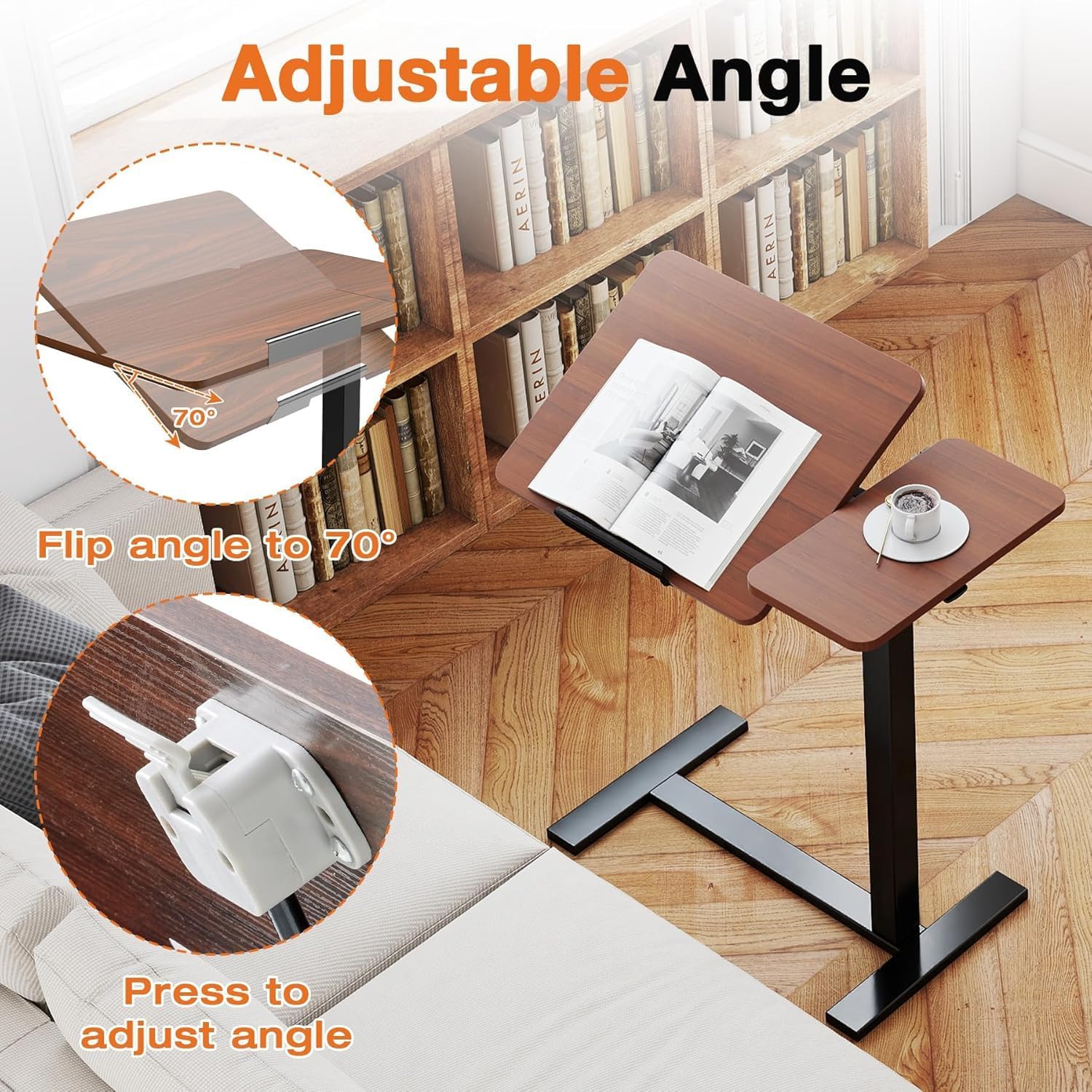 VANECL Adjustable Overbed Rolling Laptop Table, Pneumatic Height & 0°-70° Tilting Bedside Desk with Hidden Wheels for Bed Sofa Office