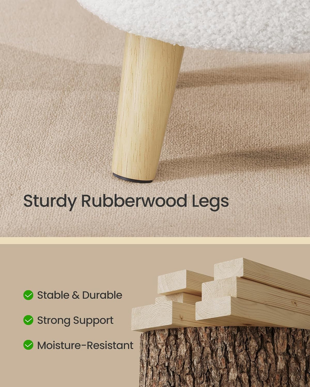 VANECL Round Teddy Fabric Storage Ottoman with Solid Wood Legs, Padded Hidden Storage Foot Stool for Bedroom Small Space