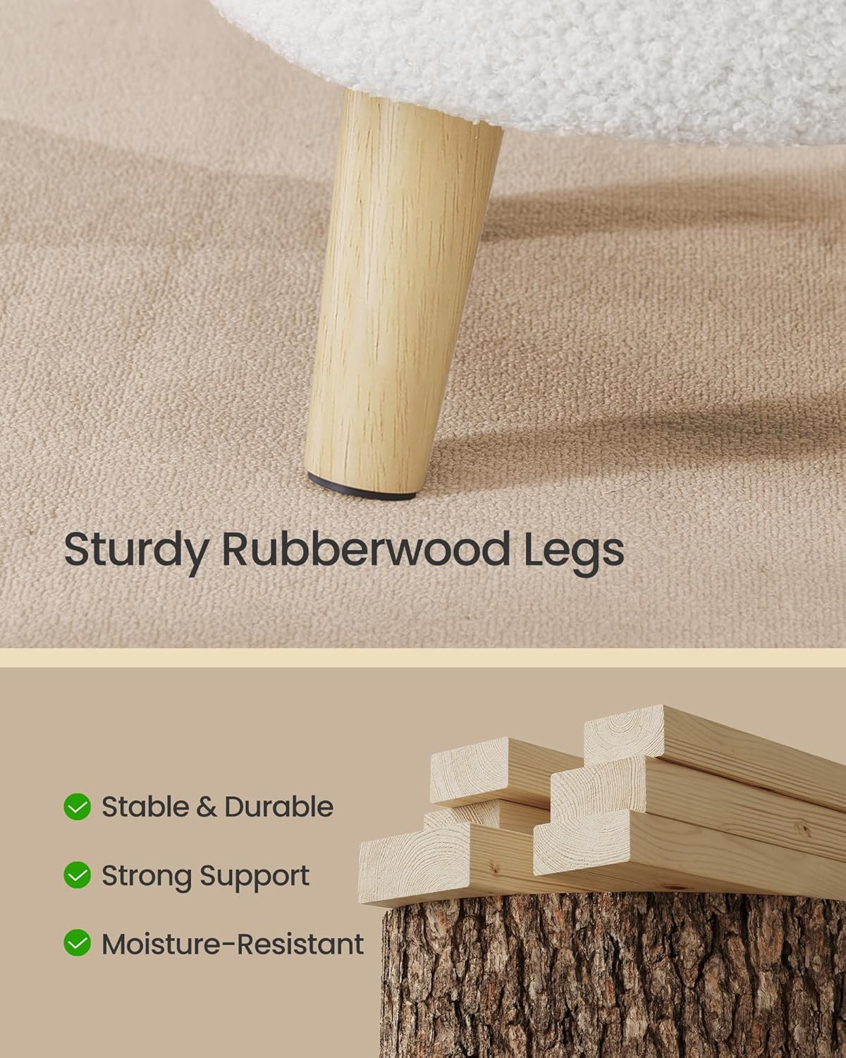 VANECL Round Teddy Fabric Storage Ottoman with Solid Wood Legs, Padded Hidden Storage Foot Stool for Bedroom Small Space