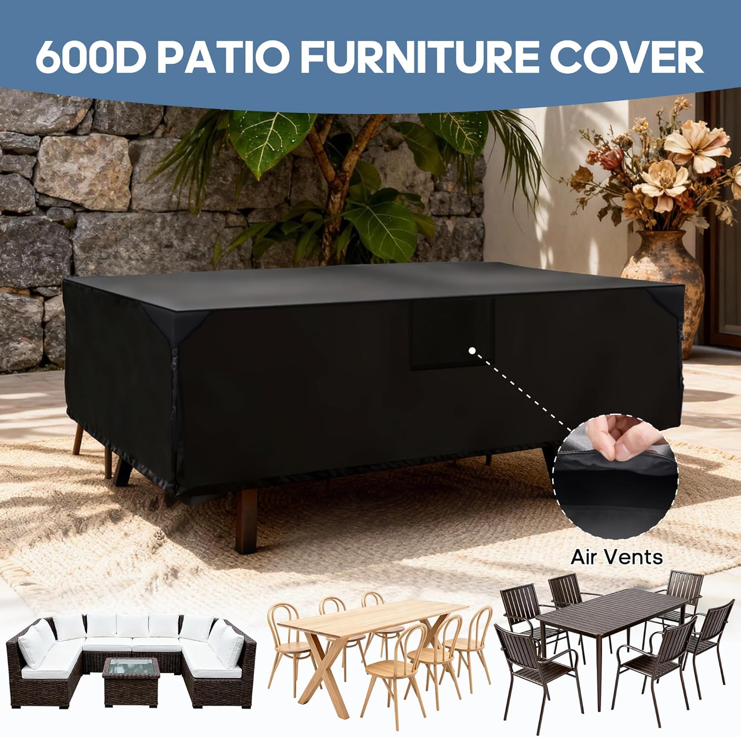 VANECL 600D Waterproof Rectangular Outdoor Dining Set Cover, Heavy Duty All Weather Patio Table & Chair Furniture Cover for Rectangular/Oval Table Sets
