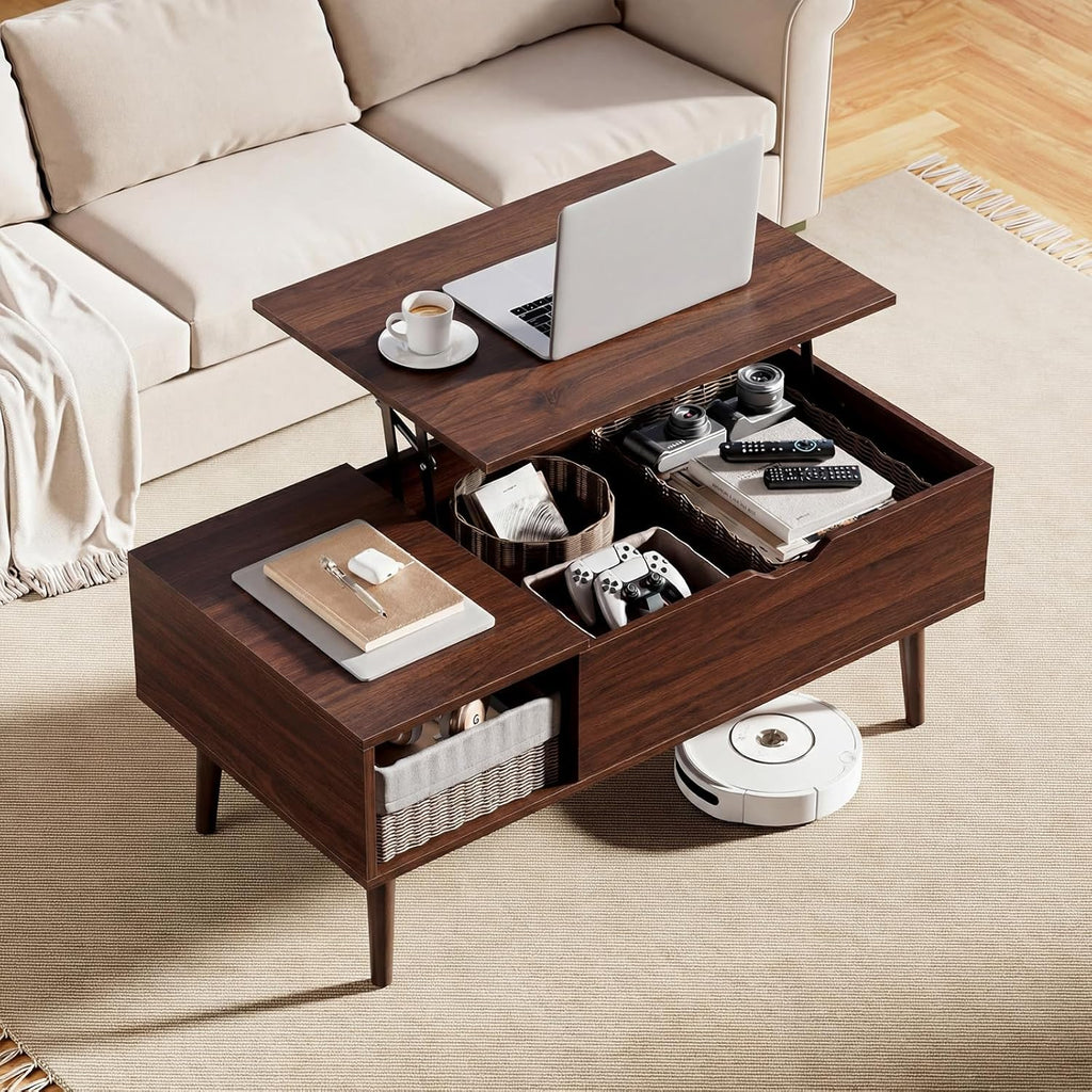 VANECL Wooden Lift Top Coffee Table with Hidden Storage Compartments & Adjustable Side Shelves for Living Room Home Office