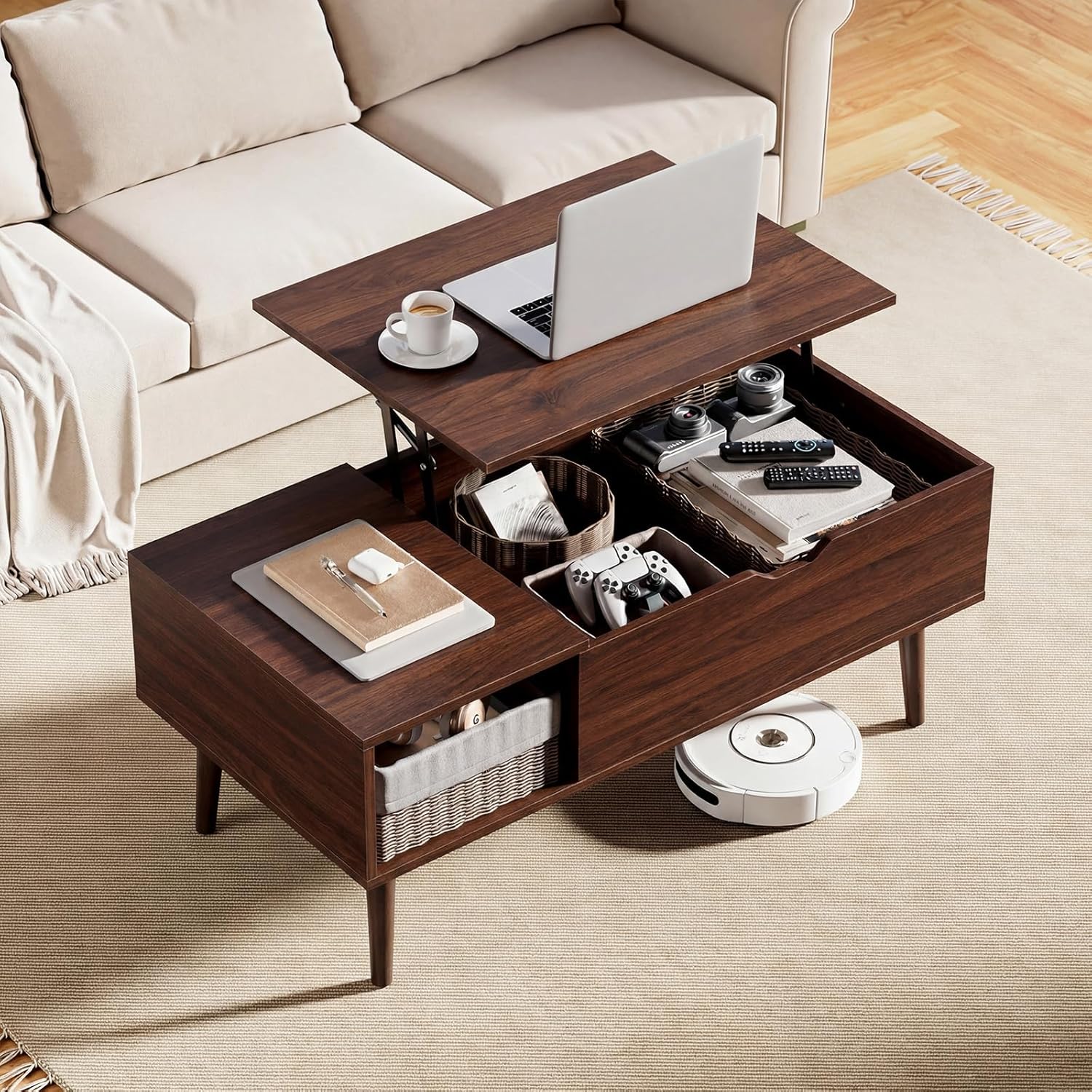 VANECL Wooden Lift Top Coffee Table with Hidden Storage Compartments & Adjustable Side Shelves for Living Room Home Office