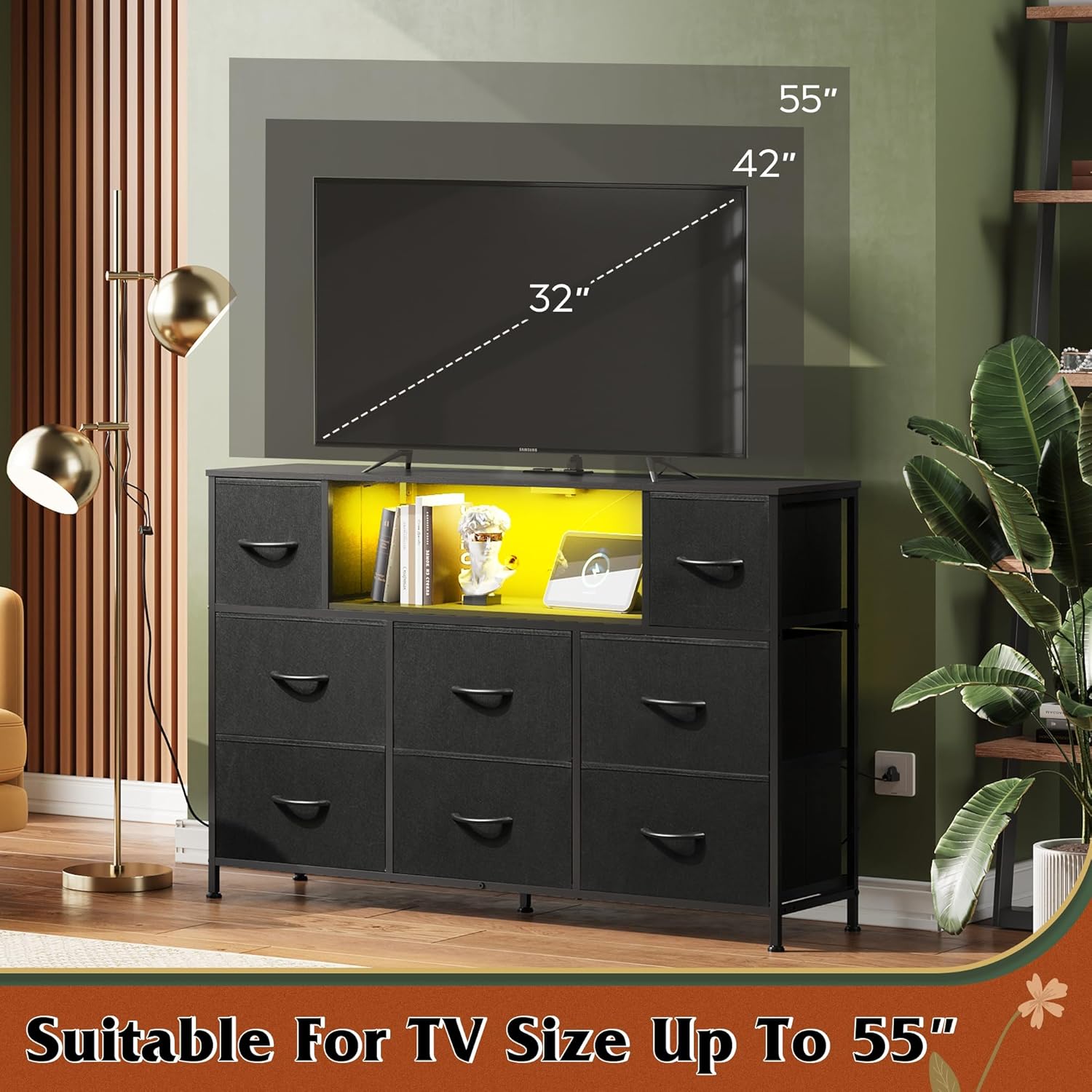 VANECL TV Stand with Built-in Charging Station & LED Ambient Lighting, Entertainment Cabinet with 9 Fabric Drawers for Up to 55 Inch TV