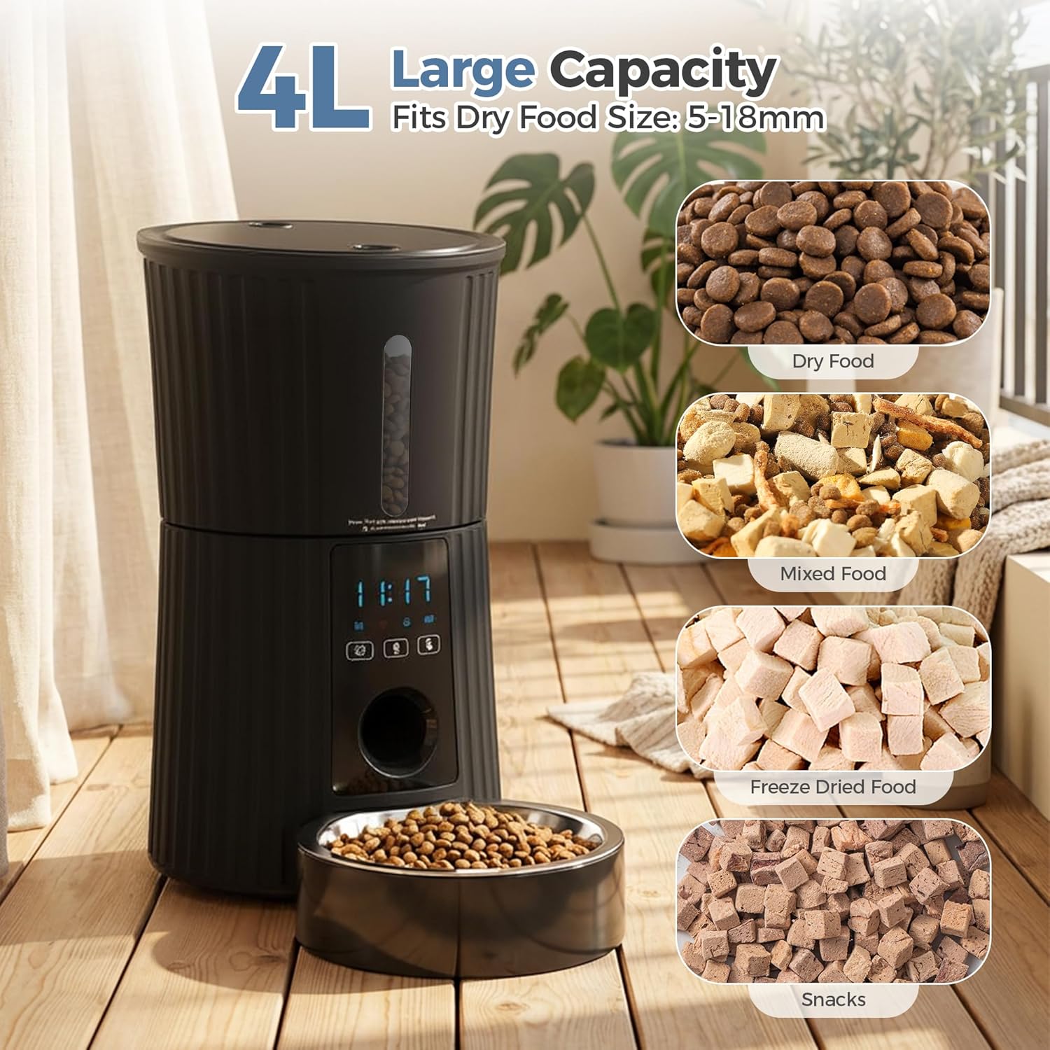 VANECL 4L WiFi Smart Automatic Pet Feeder, APP Remote Control Timed Dry Food Dispenser with Voice Recorder, Dual Power Anti-Jam Feeding Bowl for Cats & Small Medium Dogs