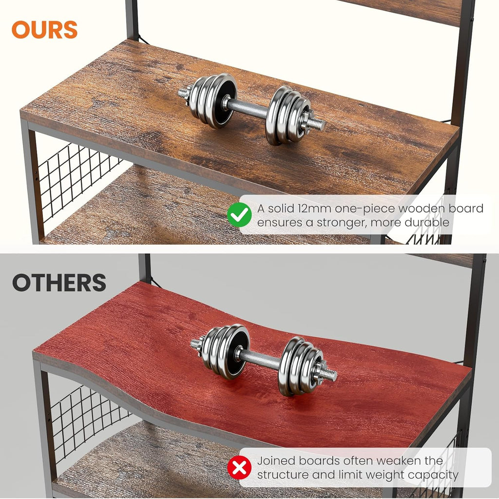 VANECL Kitchen Baker’s Rack with Built-In Power Outlet, Adjustable Open Storage Shelves Wood & Metal Coffee Bar Station