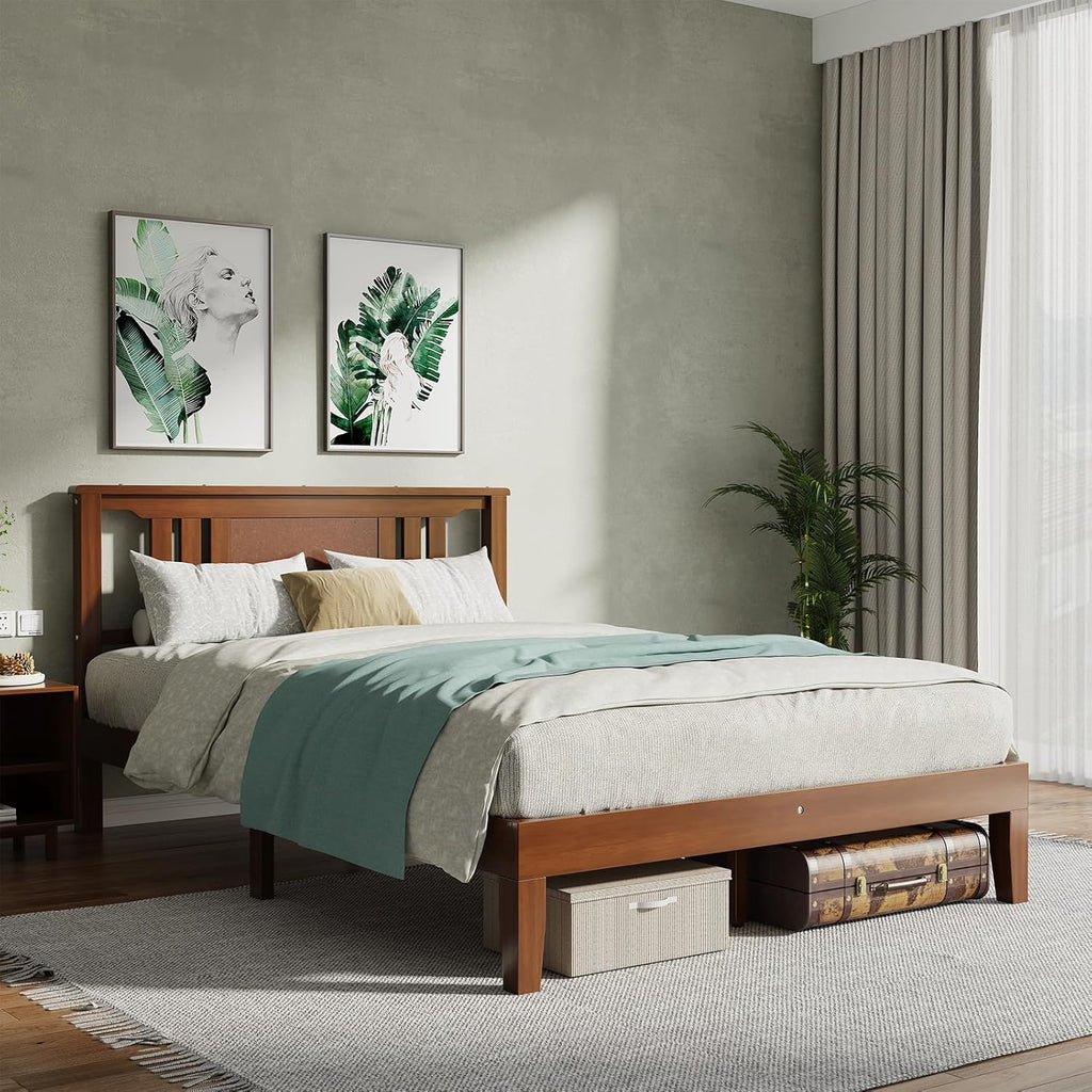 VANECL Full Size Solid Pine Wood Bed Frame with HeadB0ard, Heavy Duty Wooden Platform Bed with 8in Under Bed Storage for Bedroom
