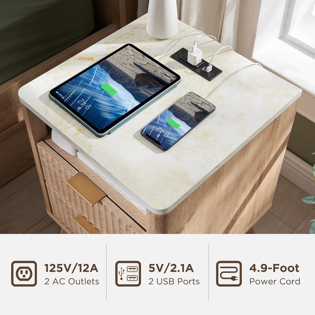 VANECL 2-Pack Carved Nightstands with Charging Station, Double Drawer Open Storage End Table with Faux Marble Top