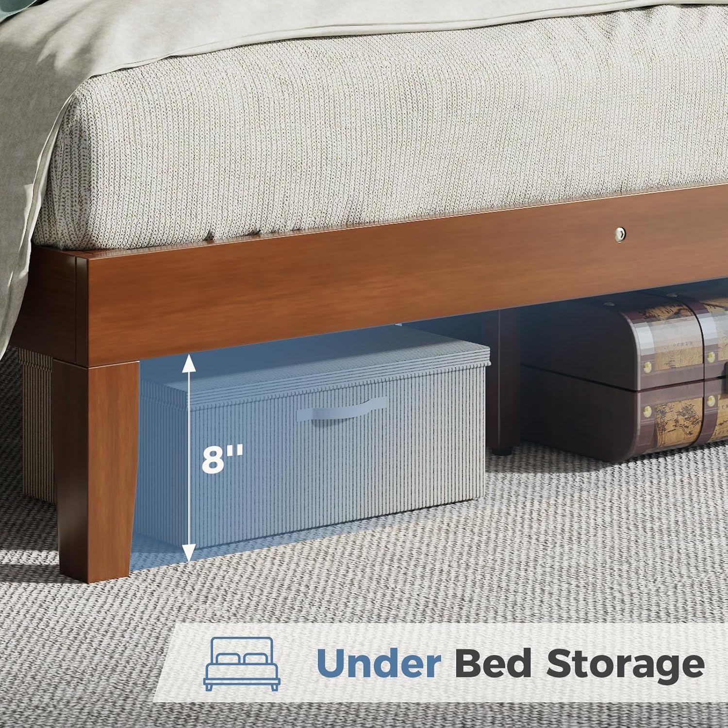 VANECL Full Size Solid Pine Wood Bed Frame with HeadB0ard, Heavy Duty Wooden Platform Bed with 8in Under Bed Storage for Bedroom