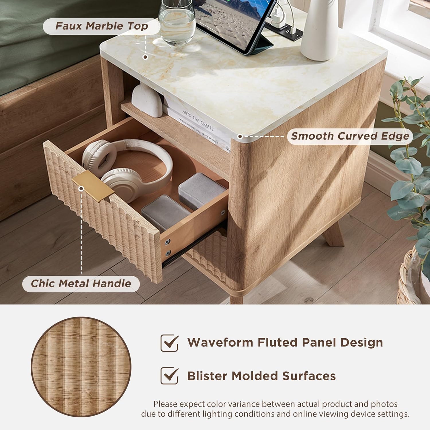 VANECL 2-Pack Carved Nightstands with Charging Station, Double Drawer Open Storage End Table with Faux Marble Top
