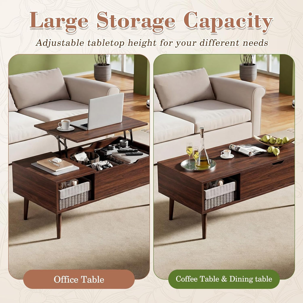 VANECL Wooden Lift Top Coffee Table with Hidden Storage Compartments & Adjustable Side Shelves for Living Room Home Office