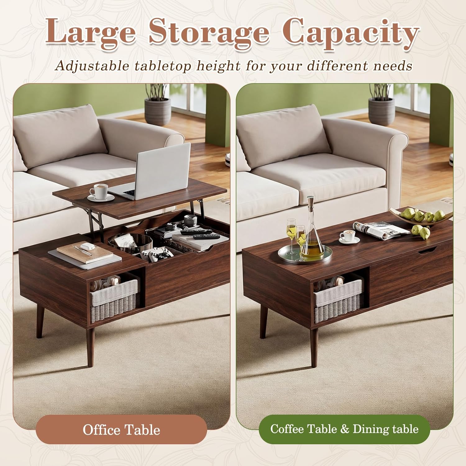 VANECL Wooden Lift Top Coffee Table with Hidden Storage Compartments & Adjustable Side Shelves for Living Room Home Office