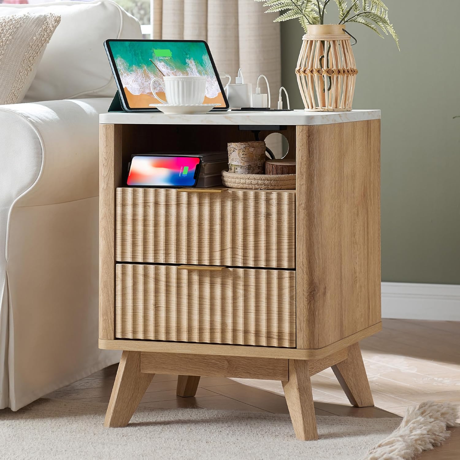 VANECL 2-Pack Carved Nightstands with Charging Station, Double Drawer Open Storage End Table with Faux Marble Top