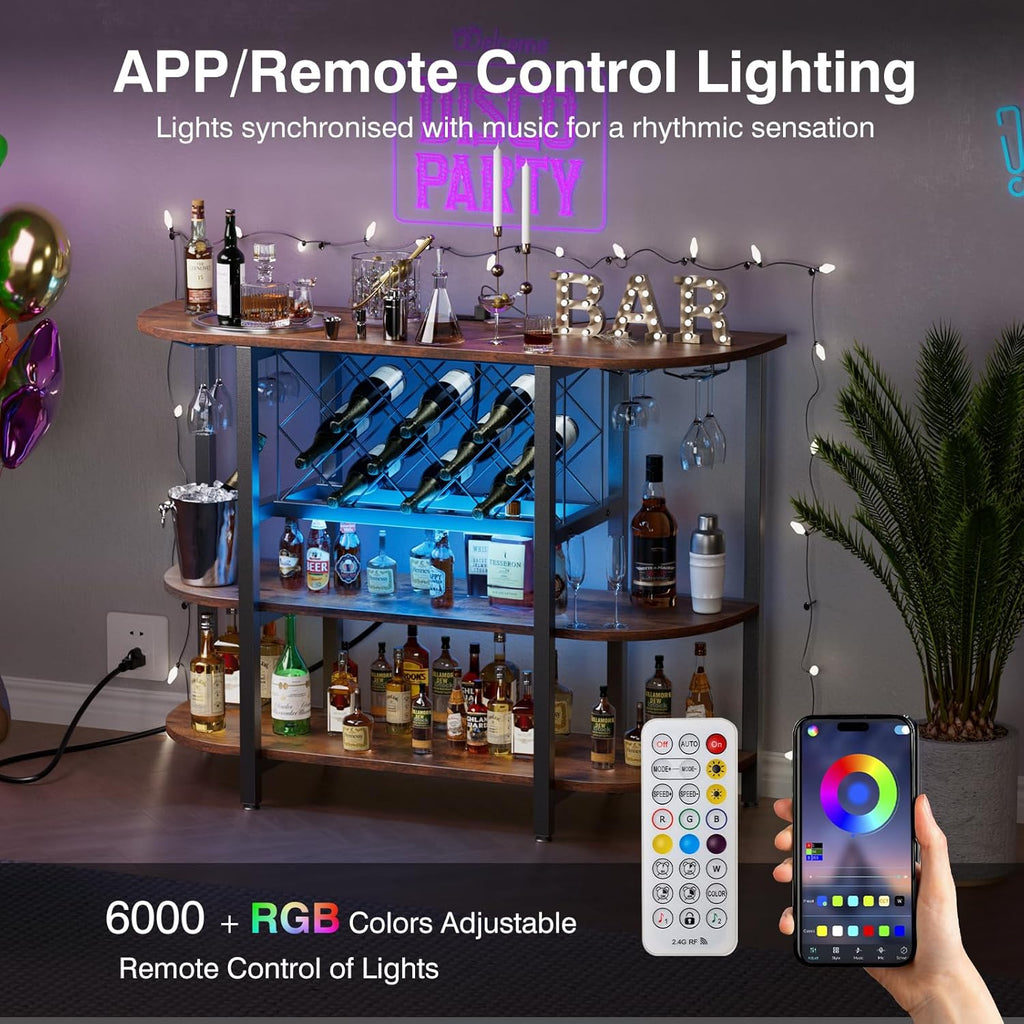 VANECL Sliding Door Metal Wine Bar Cabinet with RGB LED Light & Built-In Charging Station, Home Beverage Storage Cabinet
