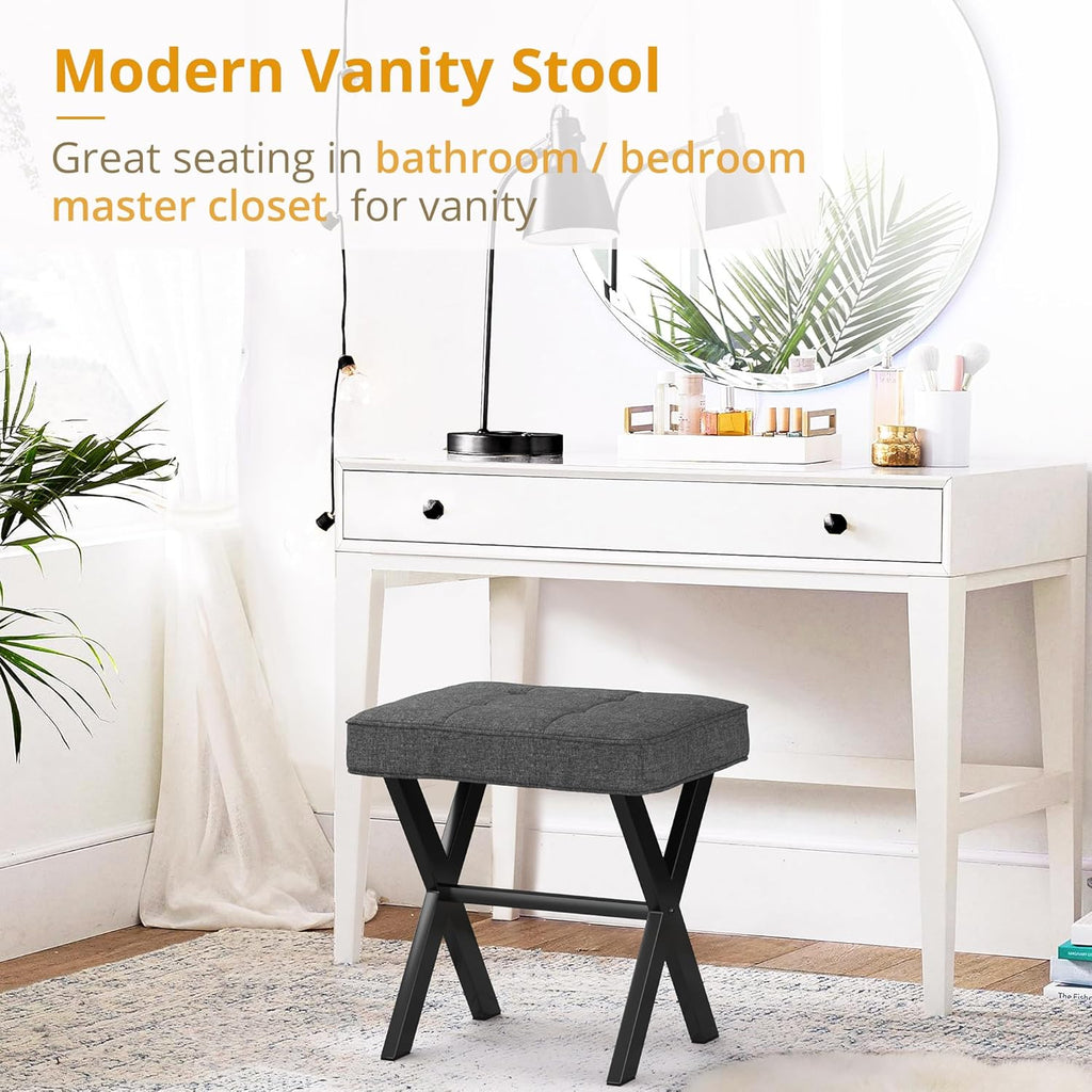 VANECL Square Linen Ottoman Stool with X-Shaped Metal Legs, 18 Inch Height Padded Foot Stool for Narrow Spaces