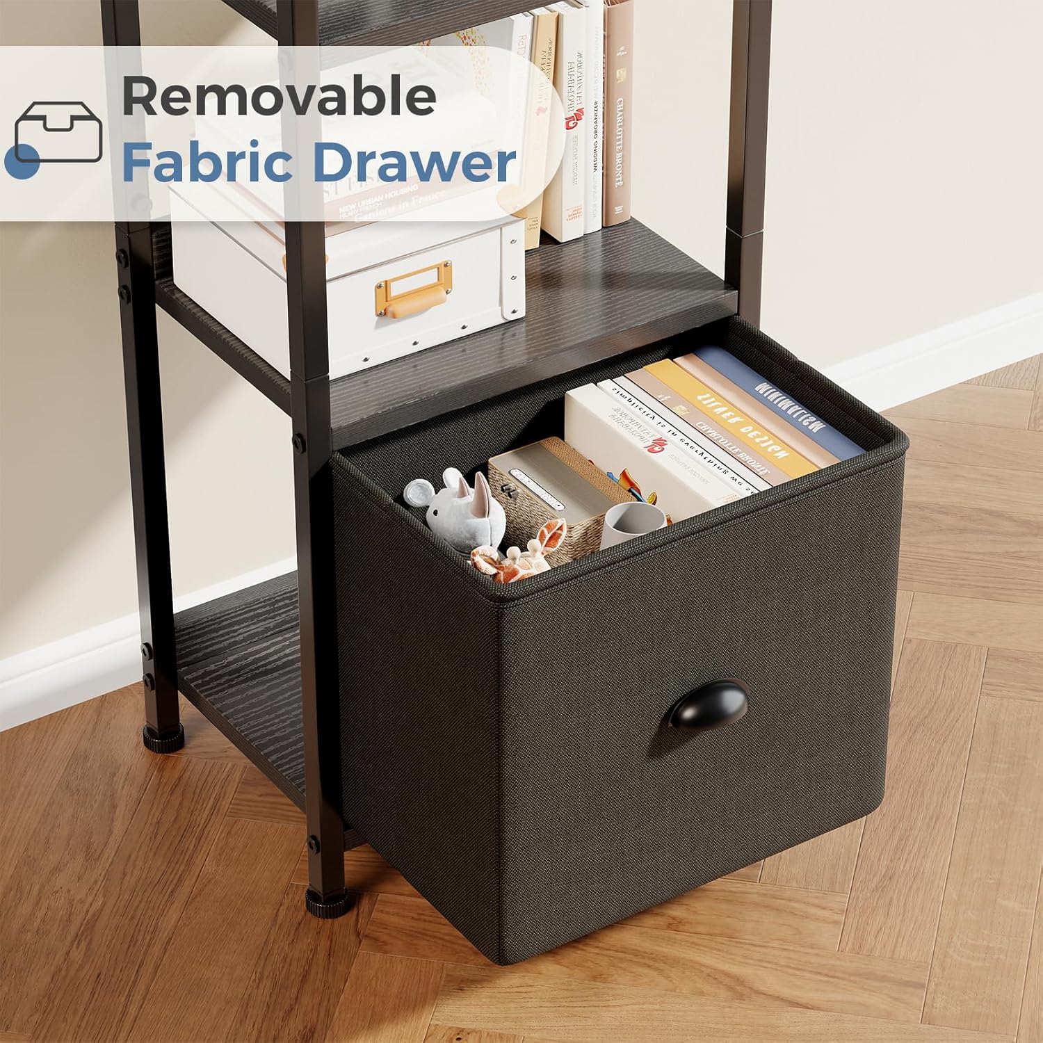 VANECL 5-Tier B0okshelf with Fabric Drawers, Wood & Metal Open B0okcase Storage Organizer for Home Office Bedroom