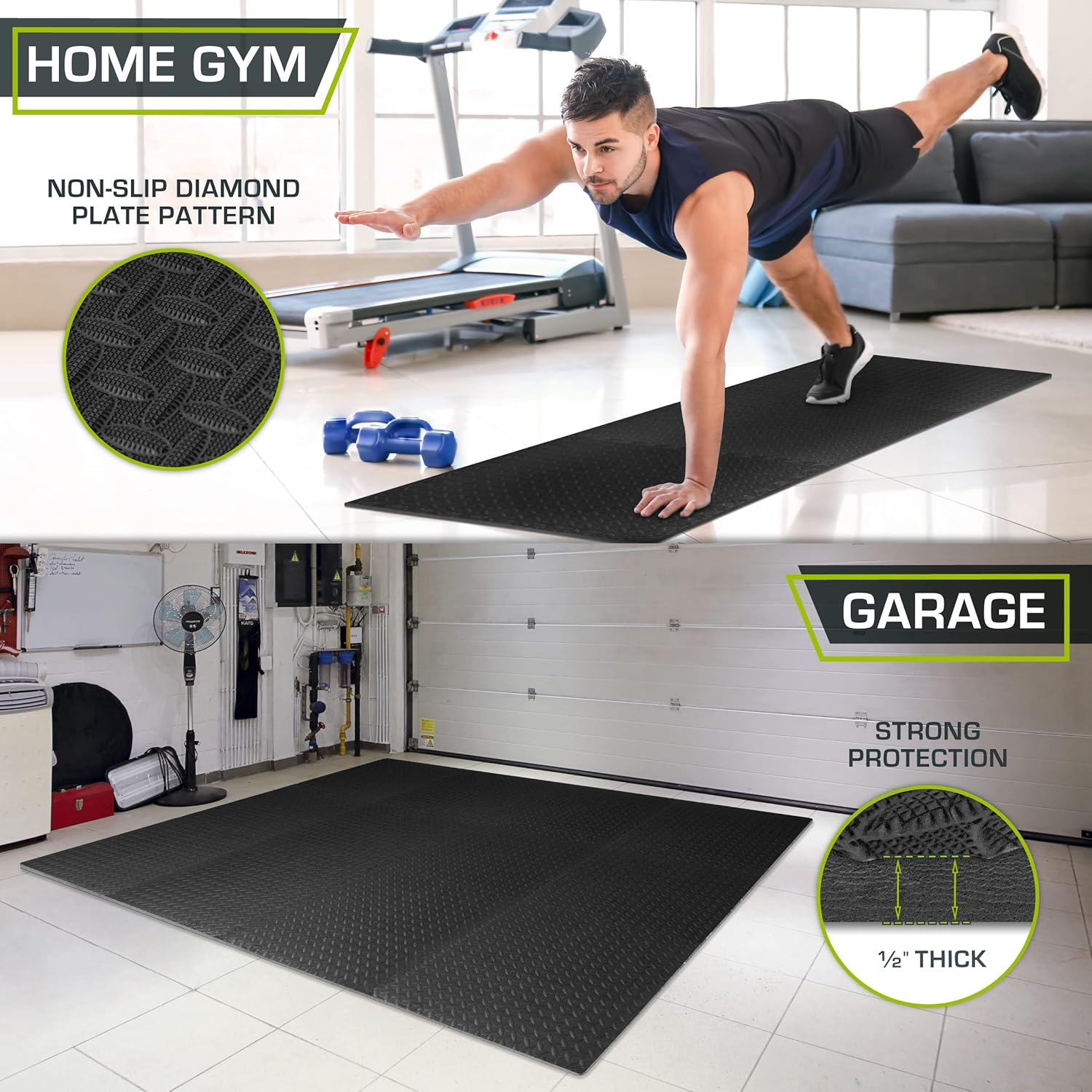 VANECL 12 Pack Interlocking Rubber Foam Floor Tiles, 1/2 Inch Thick Non Slip Puzzle Gym Mats 24×24in for Home Gym Garage Floor Protection