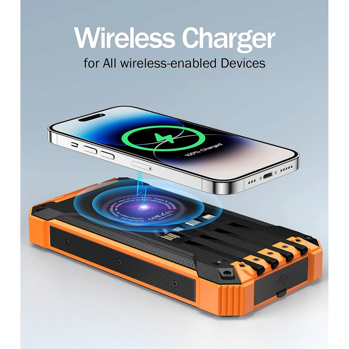 JIUMESS 36000mAh Solar Power Bank 15W Fast Charging with Cables & Wireless Charger, Solar Charger Compatible for iPhone & Android Phone