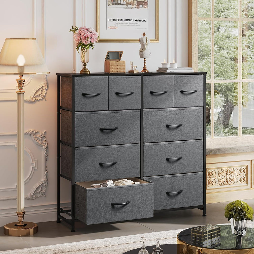 VANECL 10 Drawer Fabric Dresser Storage Organizer, Metal Frame Chest of Drawers with Wooden Top for Bedroom Entryway Living Room