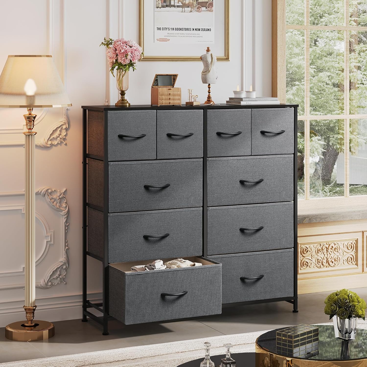VANECL 10 Drawer Fabric Dresser Storage Organizer, Metal Frame Chest of Drawers with Wooden Top for Bedroom Entryway Living Room