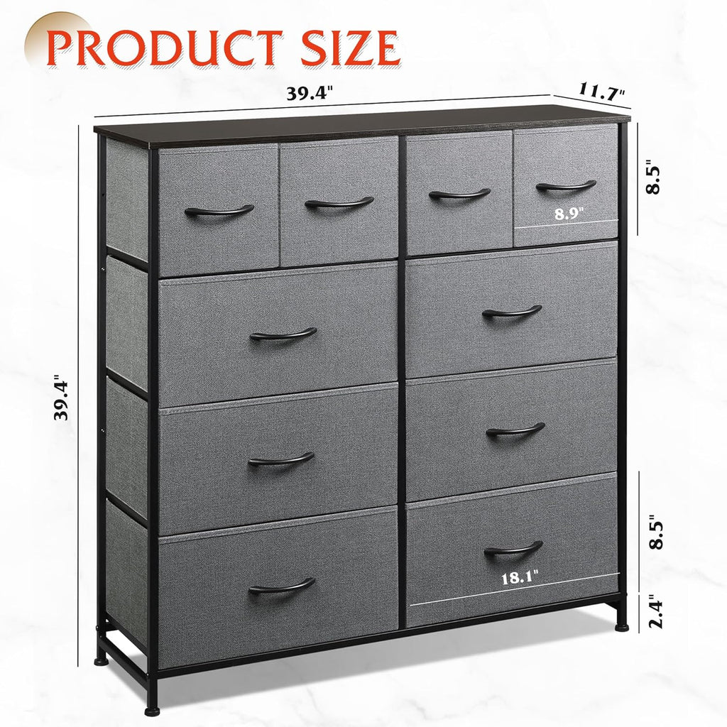VANECL 10 Drawer Fabric Dresser Storage Organizer, Metal Frame Chest of Drawers with Wooden Top for Bedroom Entryway Living Room