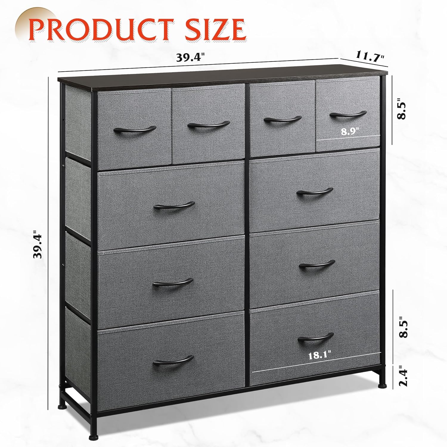 VANECL 10 Drawer Fabric Dresser Storage Organizer, Metal Frame Chest of Drawers with Wooden Top for Bedroom Entryway Living Room