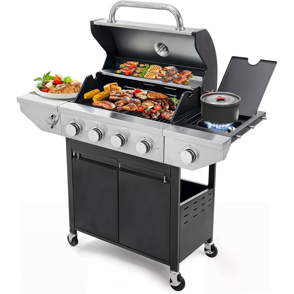 Aminy 4 Burner BBQ Propane Gas Grill with Side Burner, Outdoor Stainless Steel 46790 BTU Patio Garden BBQ Grill with Lid, Wheels for Camping, Outdoor Cooking