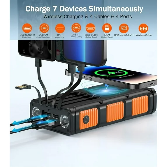 JIUMESS 45800mAh Solar Power Bank 15W with Hand Crank & Cables & Wireless Charger, Solar Charger Compatible for iPhone & Android Phone