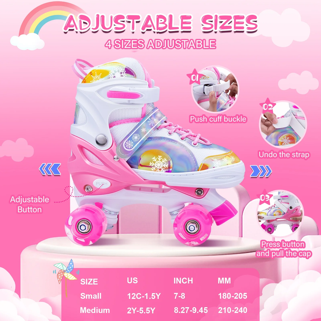 Bvivok Roller Skates for Girls Size (S: 12C-1.5Y), 4 Sizes Adjustable, with Light up Wheels (Snowflake Pink)