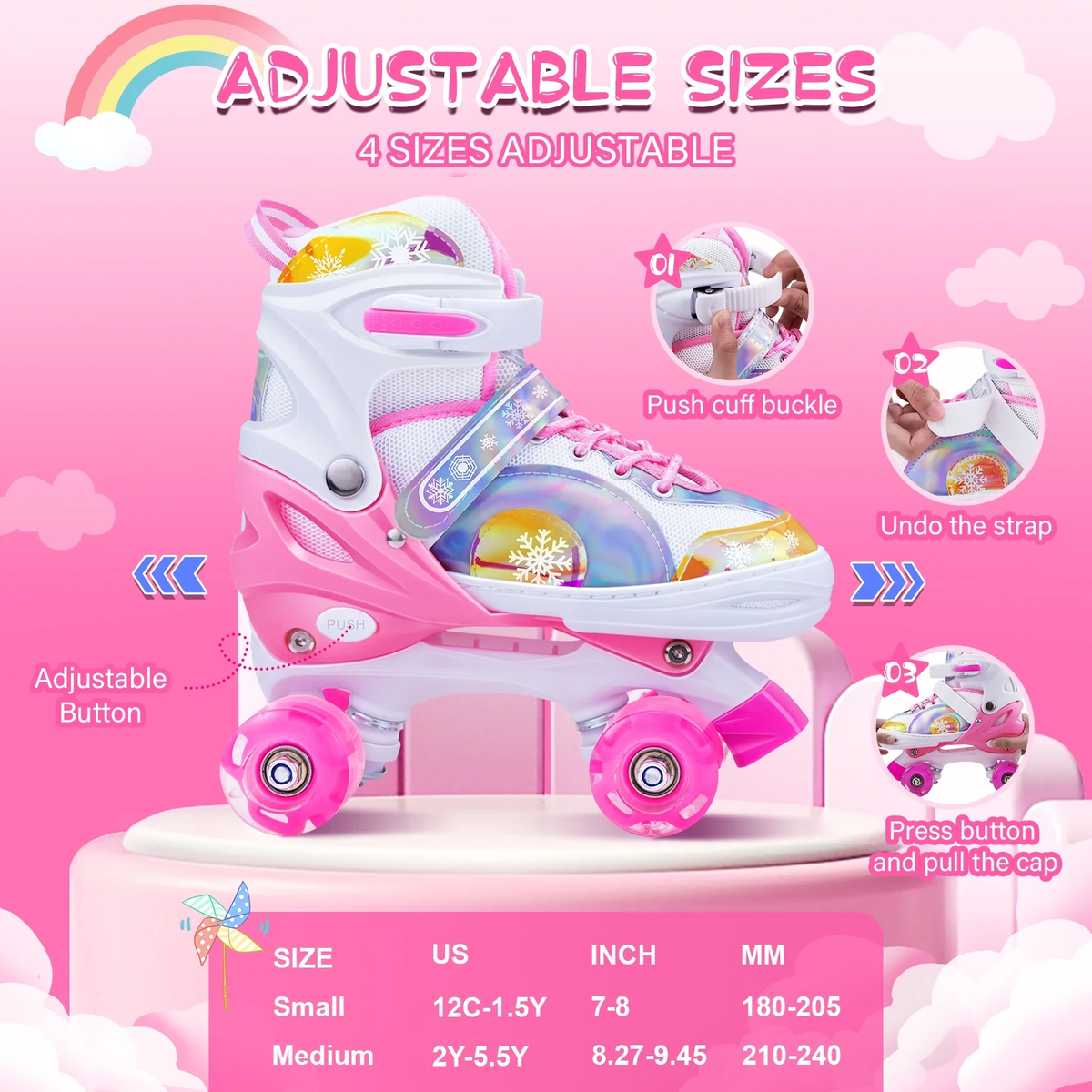 Bvivok Roller Skates for Girls Size (S: 12C-1.5Y), 4 Sizes Adjustable, with Light up Wheels (Snowflake Pink)