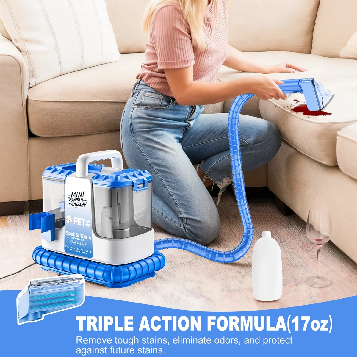 SUXIANGVAC Portable Carpet and Upholstery Spot Cleaner Machine, 20Kpa Powerful Suction with 5 Cleaning Tools, 17oz Cleaning Solution, Lightweight Compact Design, Deep Clean for Car, Home, Blue